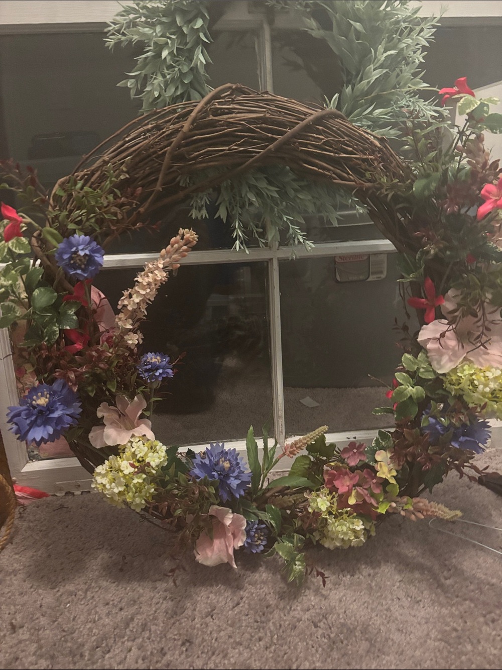 Rustic Grapevine Floral Wreath with Blue, Pink, and Green Accents
